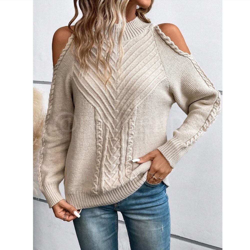 Beige Cable Knit Pullover Sweater Cold Shoulder Long Sleeve - Picture 3 of 9